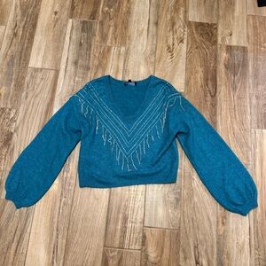 Elegant Teal V-Neck Sweater with Rhinestone